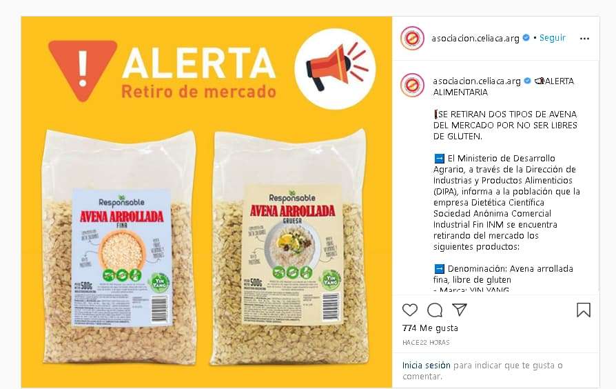 Retiro de avena que se comercializaba como libre de gluten.